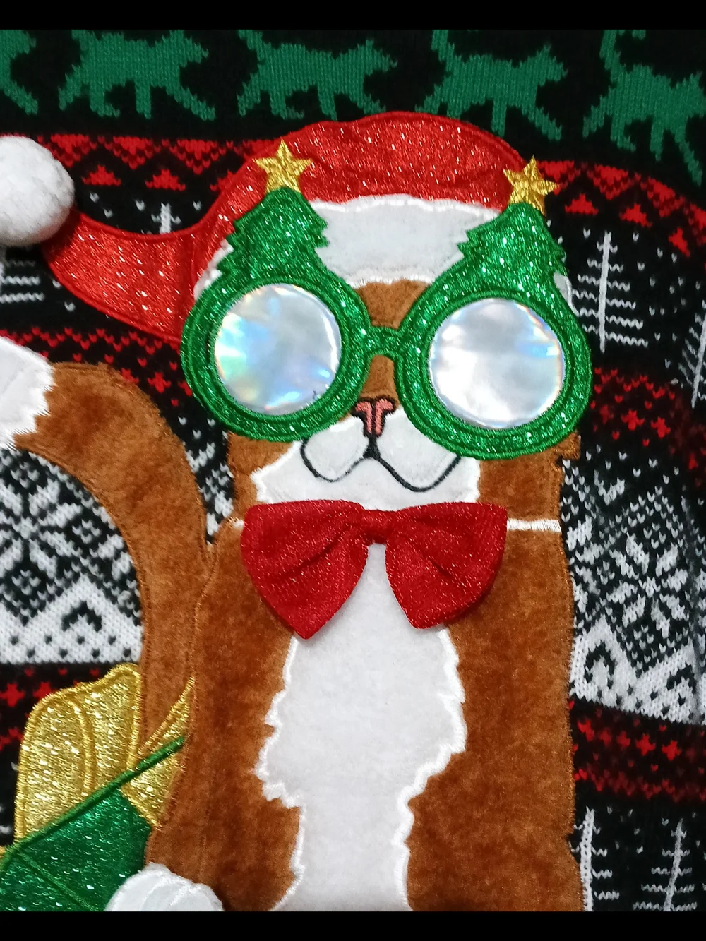 Holiday Time Green and Red Cat Christmas Crewneck Sweater